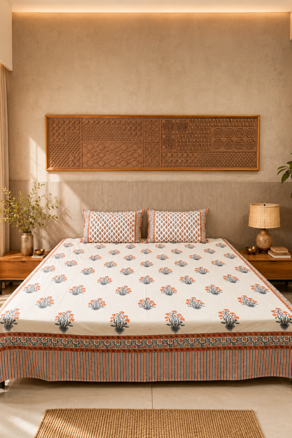Amber Bloom Handblock Printed Cotton Bedsheet
