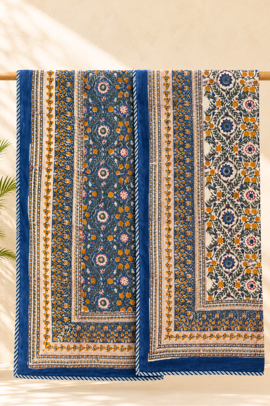 Indigo Heritage Handblock Printed Reversible Mulmul Dohar