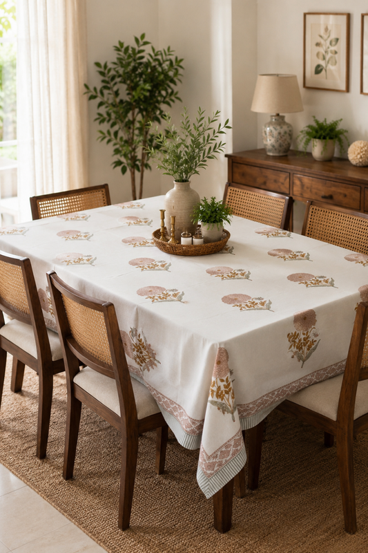 Dusty Bloom Handblock Printed Cotton Canvas Table Cloth - 6 Seater