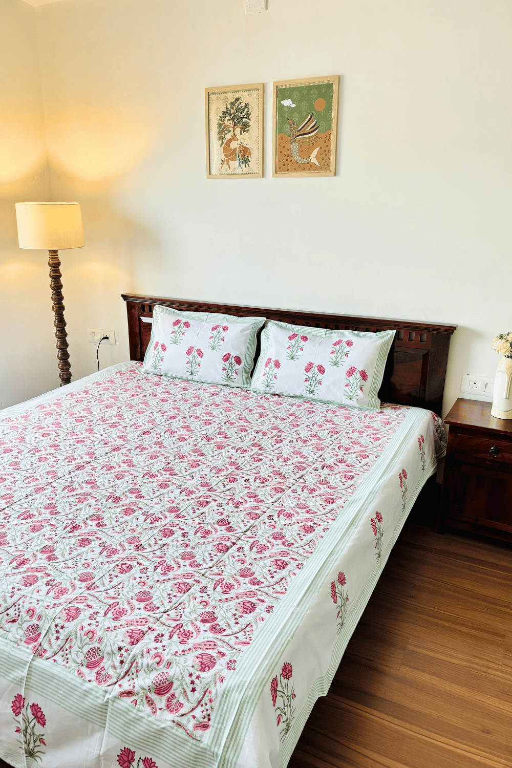 Coral Bloom Handblock Printed Percale Cotton Bedsheet
