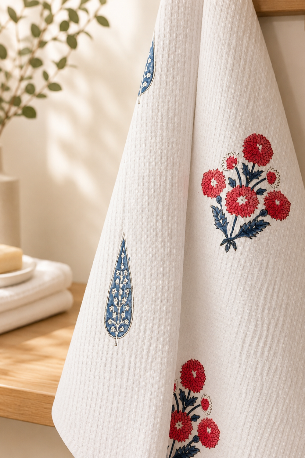 Scarlet Blossom Handblock Printed Waffle Cotton Bath Towel