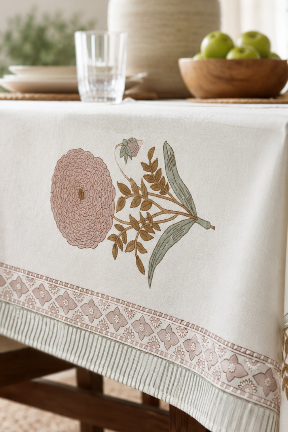 Dusty Bloom Handblock Printed Cotton Canvas Table Cloth - 6 Seater