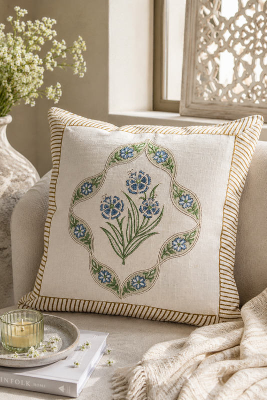 Blue Arch Hand Block Printed Slub Cotton Cushion Cover- Set of 2