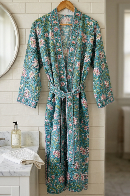 Teal Garden Handblock Printed Waffle Cotton Bathrobe
