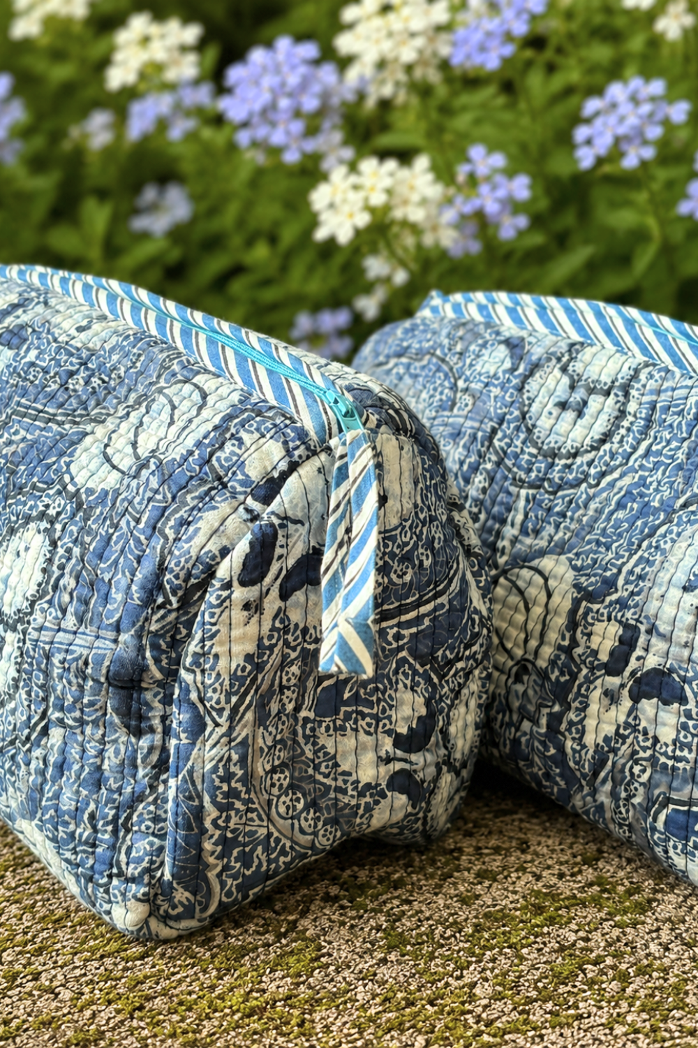 Indigo Blue Floral Quilted Cotton Travel Pouches – Set of 3