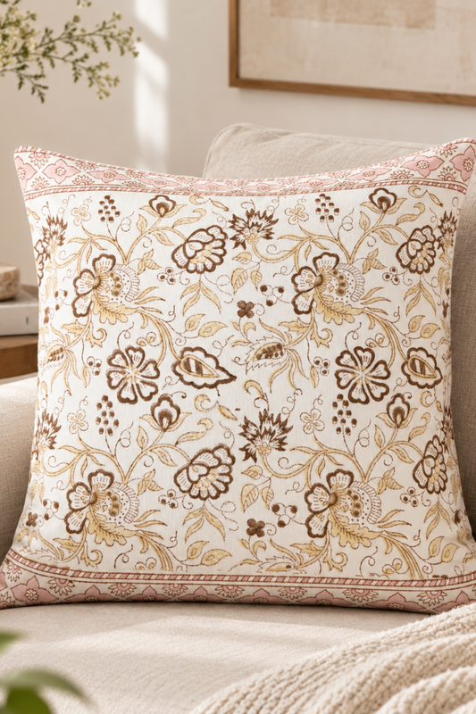 Autumn Petals Hand Block Printed Canvas Cushion Cover- Set of 2