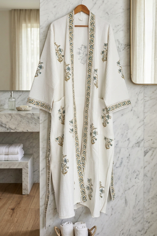 Ivory & Sage Hand Block Printed Waffle Cotton Bathrobe