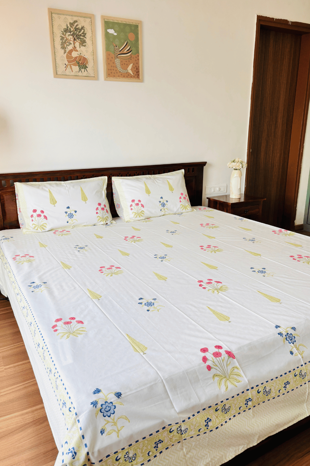 Lime Botanica Handblock Printed Percale Cotton Bedsheet