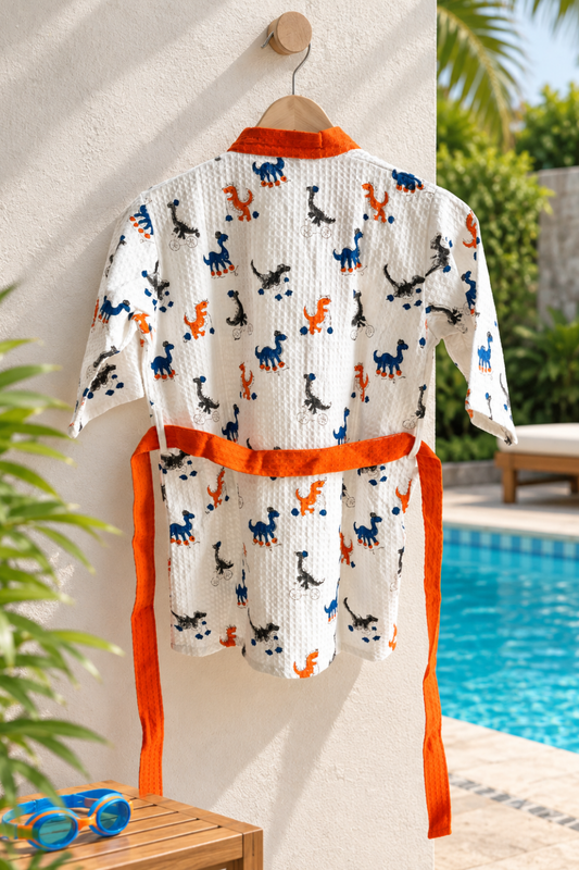 Dino Dash Handblock Printed Waffle Cotton Kids Bathrobe