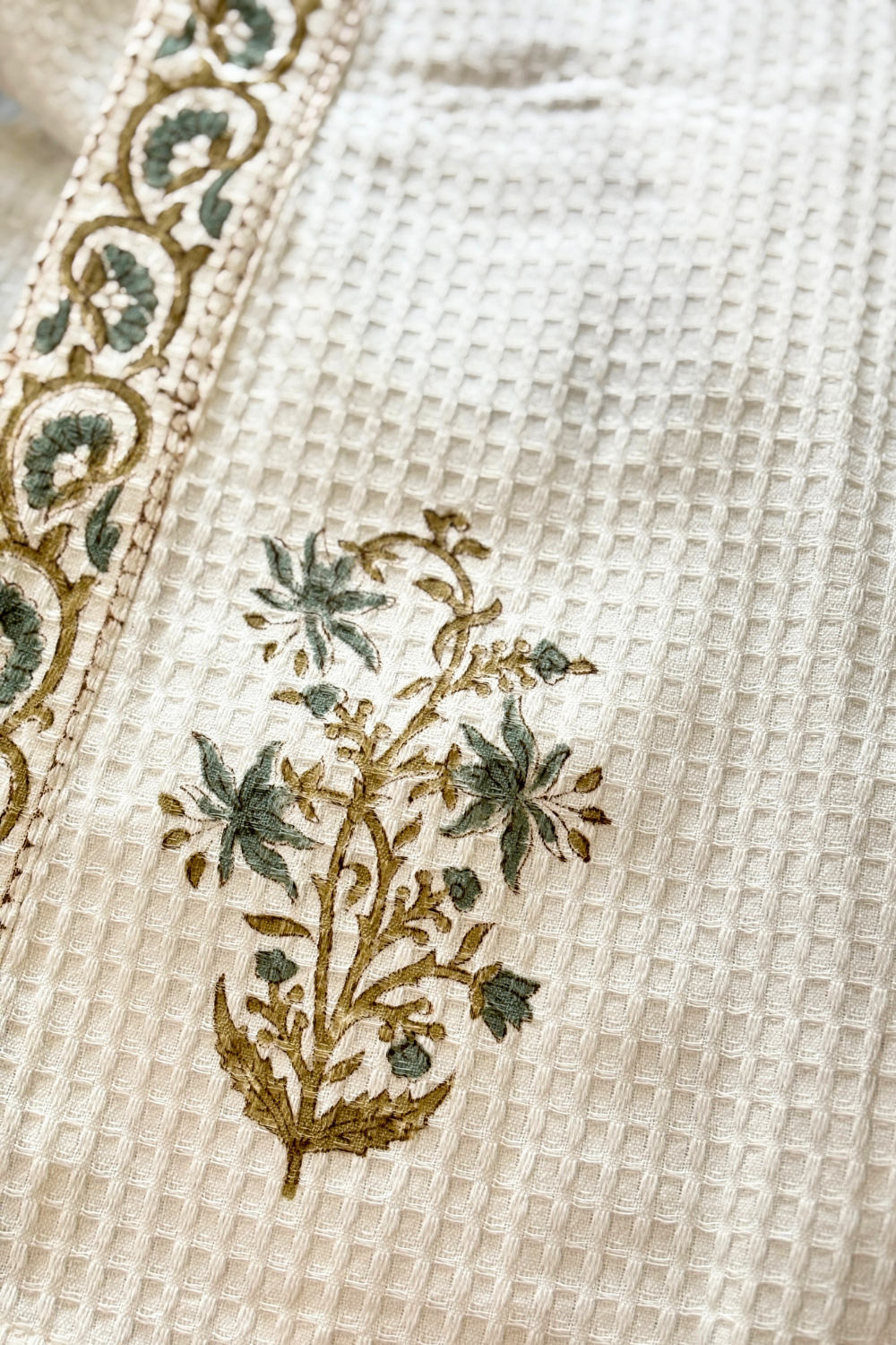 Ivory & Sage Hand Block Printed Waffle Cotton Bathrobe