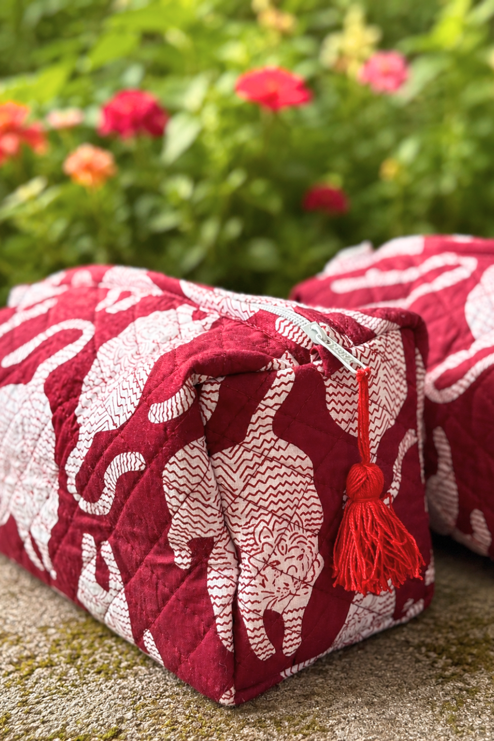 Berry Red Quilted Cotton Travel Pouches – Set of 3