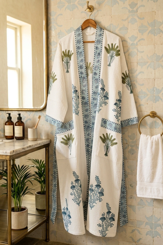 Palm & Indigo Muse Hand Block Printed Waffle Cotton Bathrobe