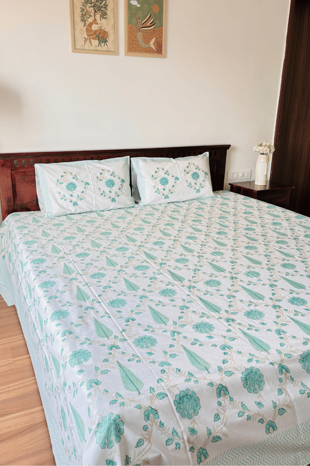 Aqua Floral Handblock Printed Percale Cotton Bedsheet