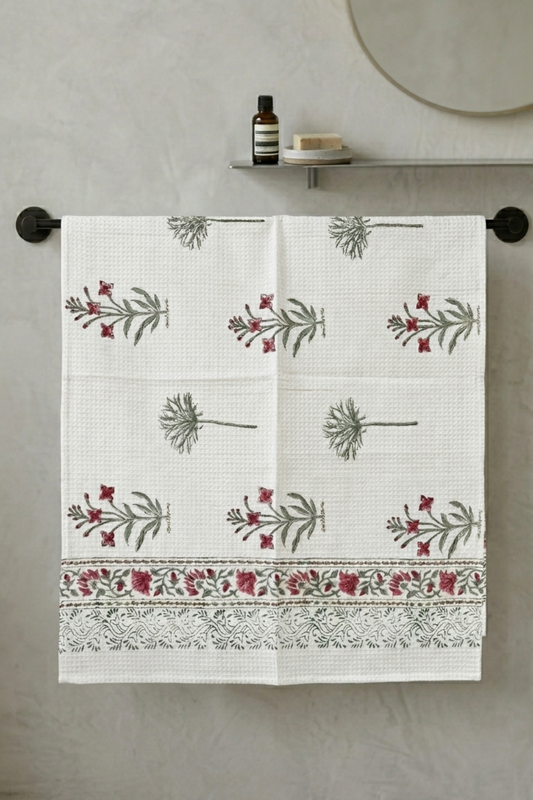 Blush Sprig Handblock Printed Waffle Cotton Bath Towel