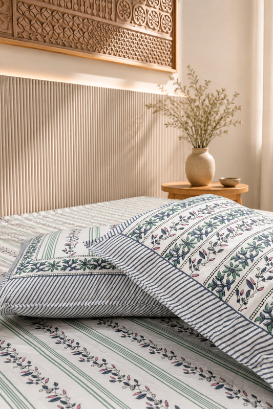 Sage Vine Handblock Printed Cotton Bedsheet