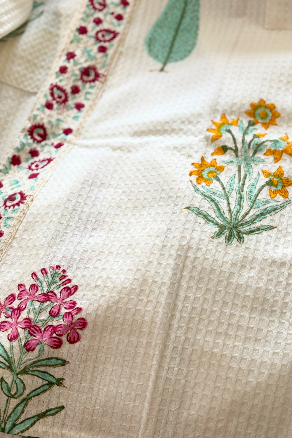 Spring Meadow Handblock Printed Waffle Cotton Bathrobe