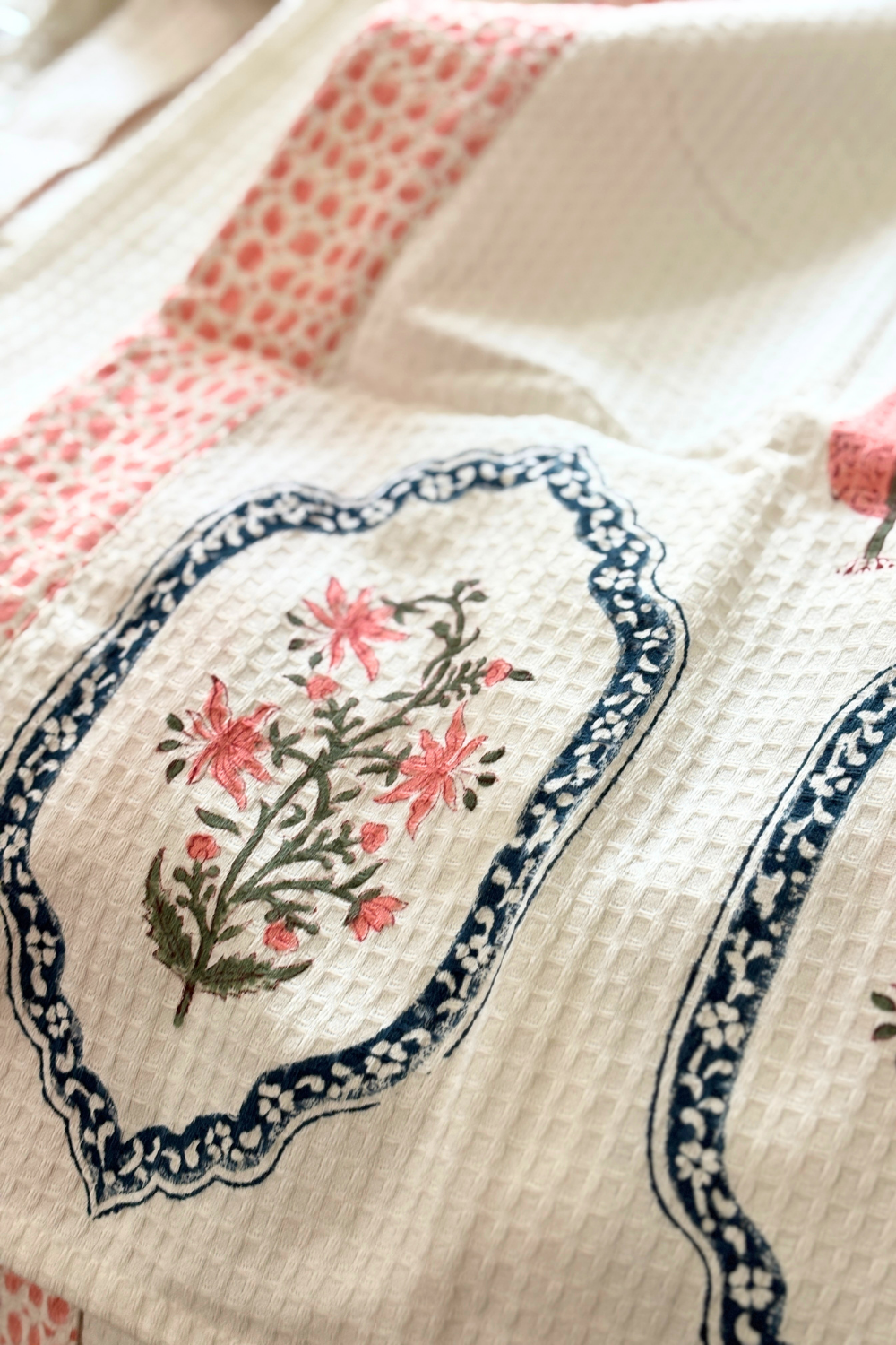 Ivory & Coral Hand Block Printed Waffle Cotton Bathrobe