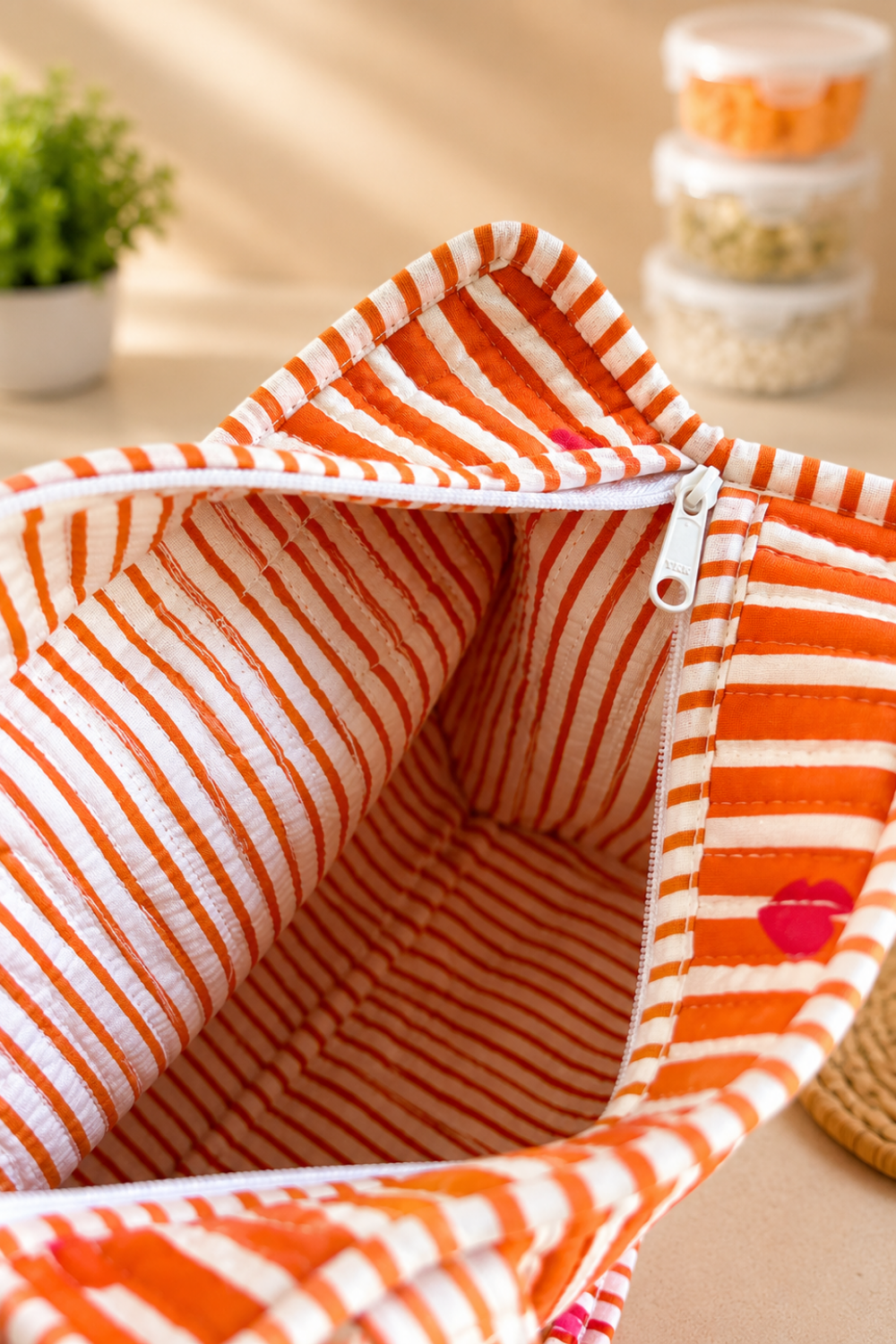 Tangerine Hearts Quilted Cotton Lunch Bag