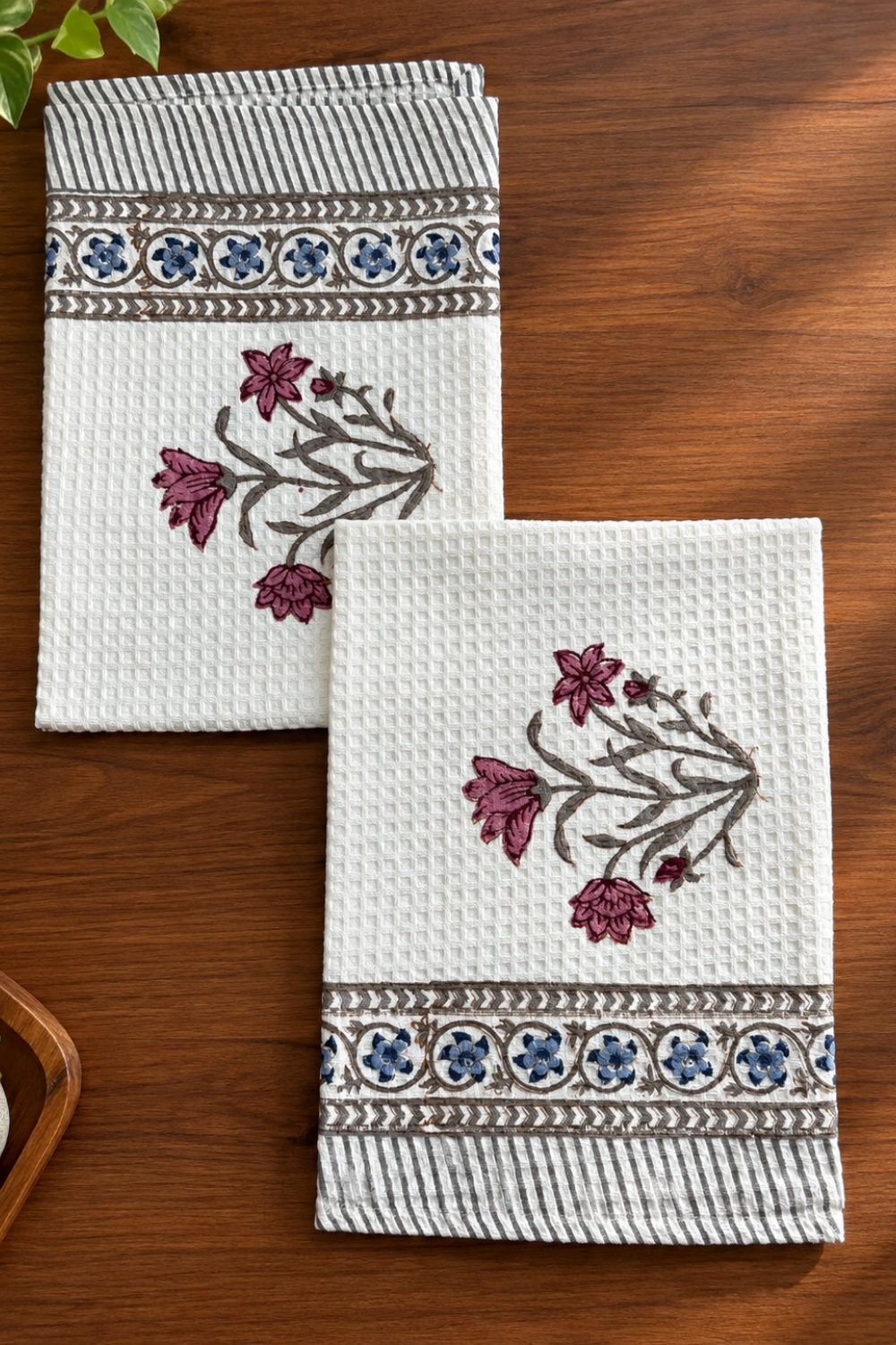 Dust & Dahlia Handblock Printed Waffle Cotton Hand Towel- Set of 2