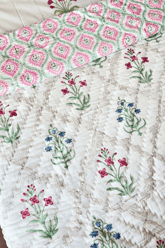Blush Rosette Handblock Printed Reversible Mulmul Cotton Quilt Double