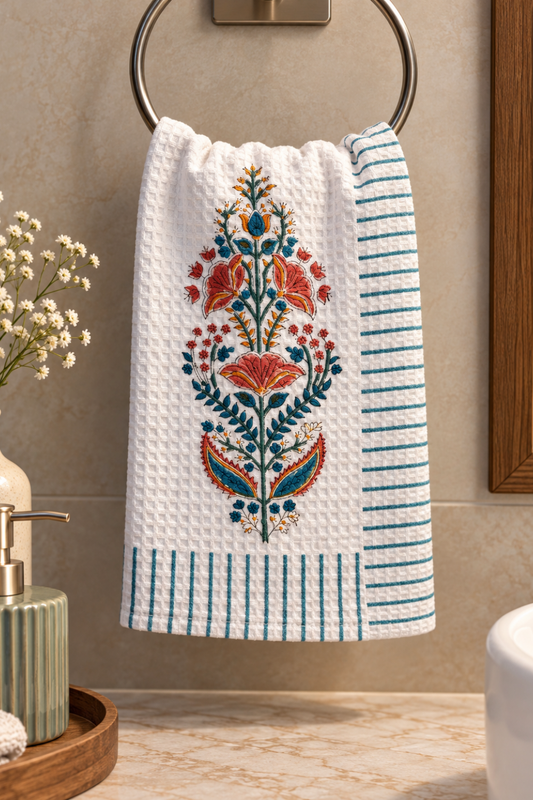 Coral Canopy Handblock Printed Waffle Cotton Hand Towel- Set of 2