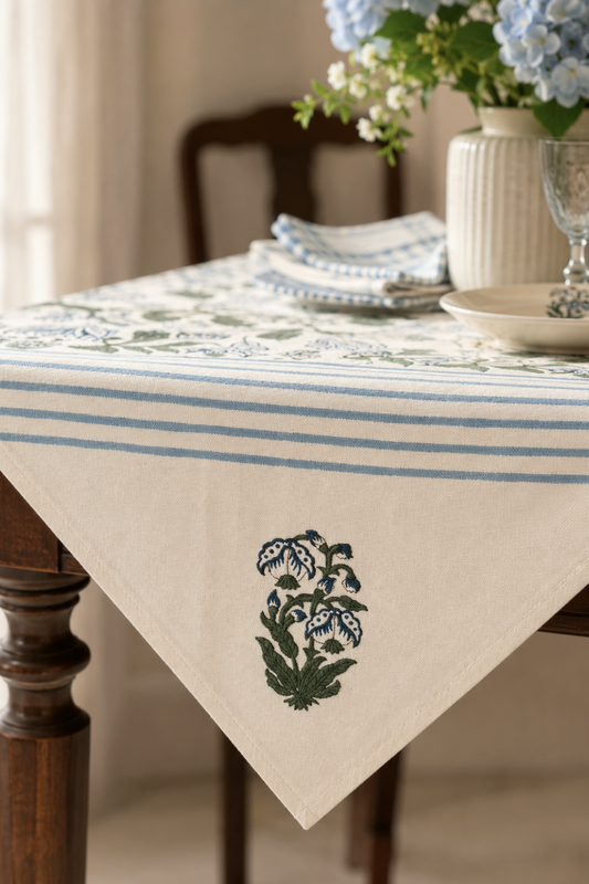 Blue Meadow Handblock Printed Canvas Table Runner, Mats & Napkins Set