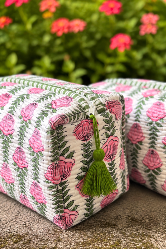 Pink Meadow Quilted Cotton Travel Pouches – Set of 3