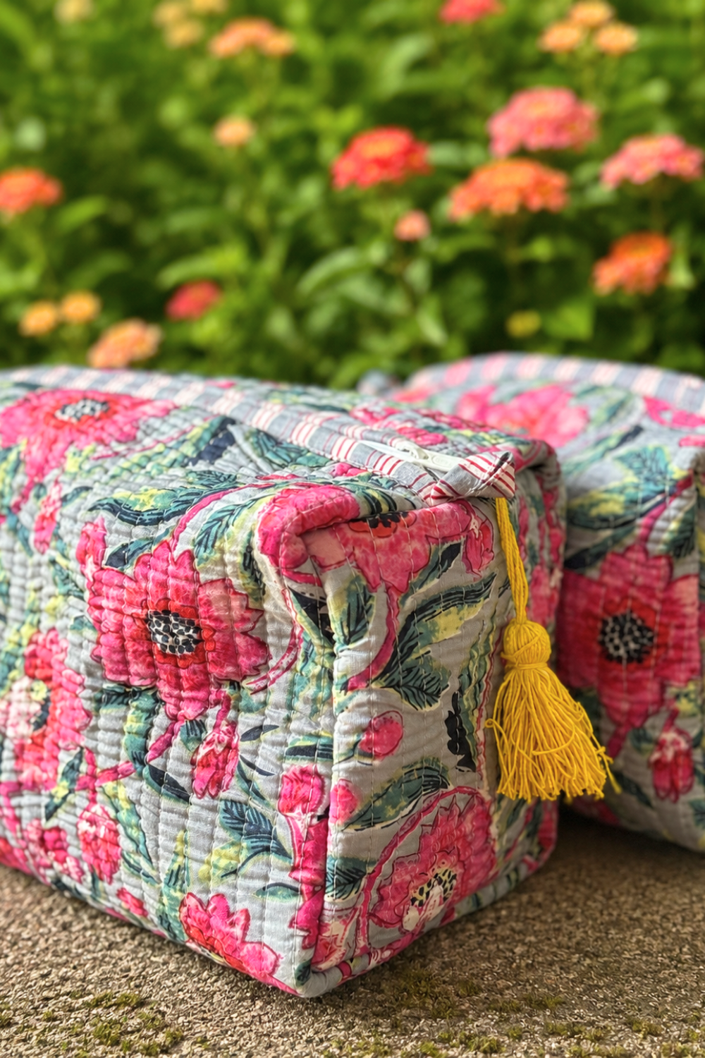 Pink Floral Quilted Cotton Travel Pouches – Set of 3