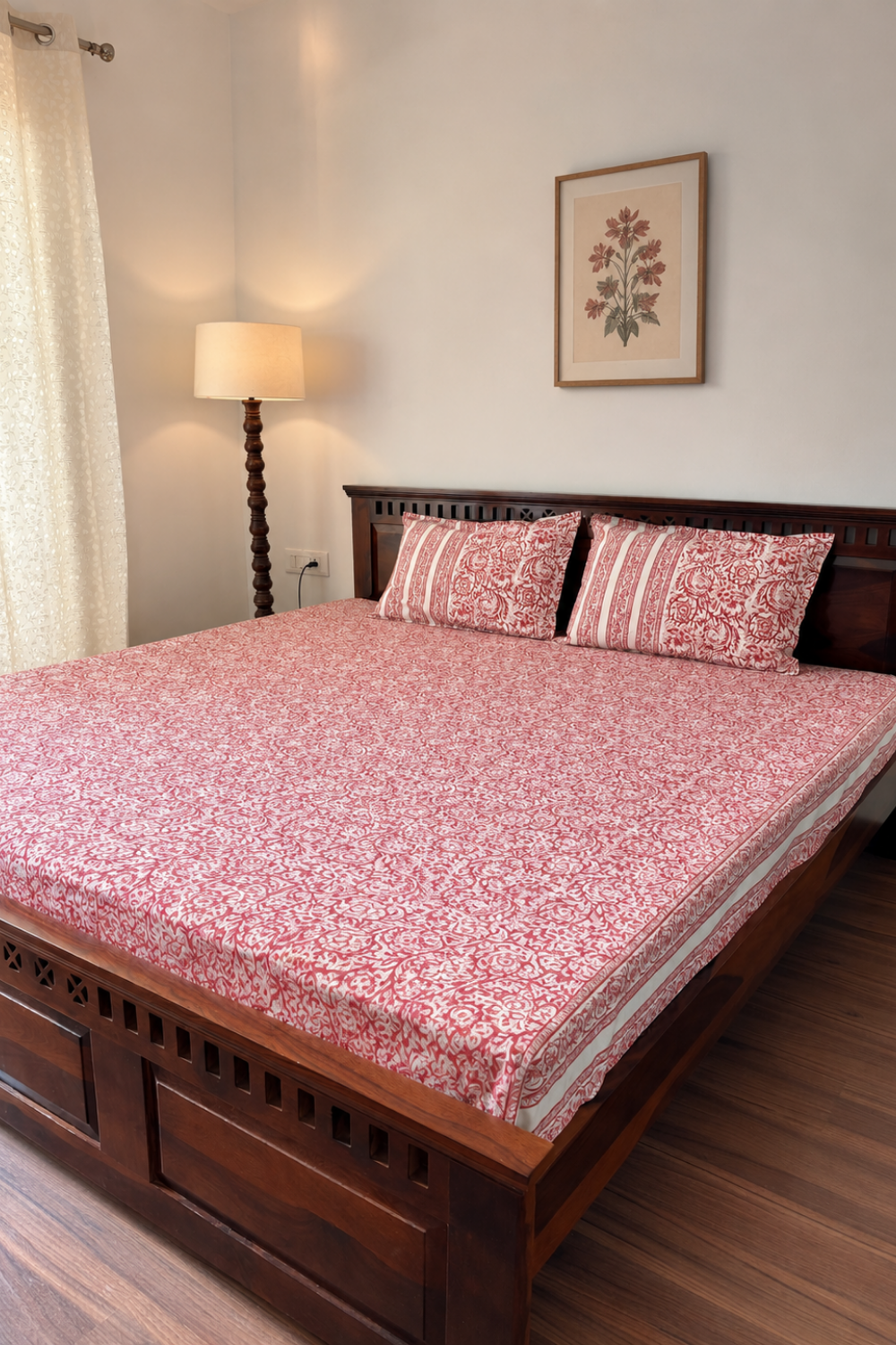 Crimson Botanical Handblock Printed Cotton Bedsheet