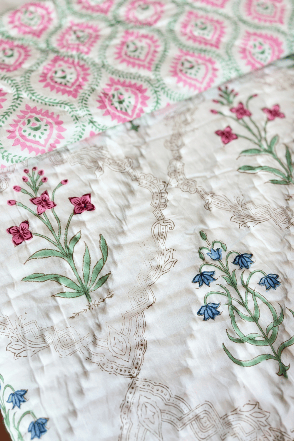 Blush Rosette Handblock Printed Reversible Mulmul Cotton Quilt Double