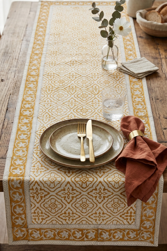Honey Gold Handblock Printed Canvas Table Runner, Mats & Napkins Set