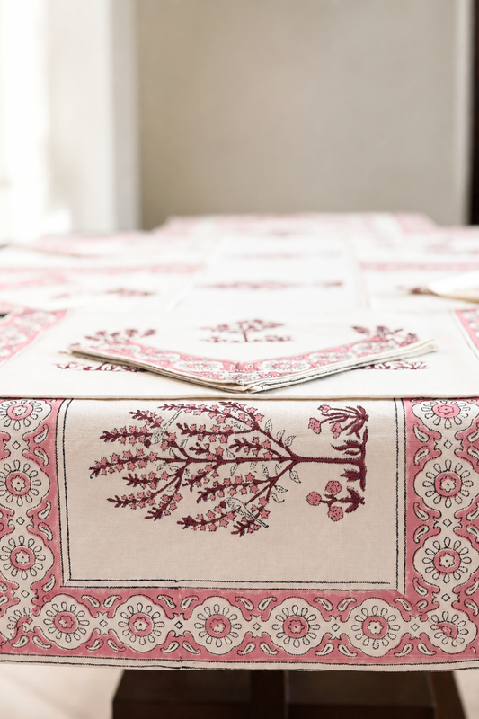 Pink Botanica Handblock Printed Canvas Table Runner, Mats & Napkins Set