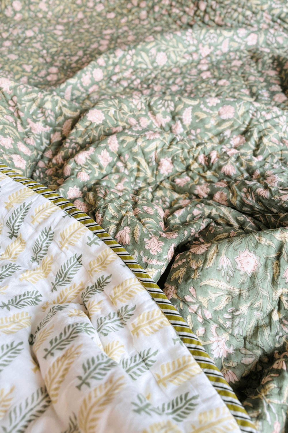 Sage Florals Handblock Printed Reversible Mulmul Cotton Quilt Double