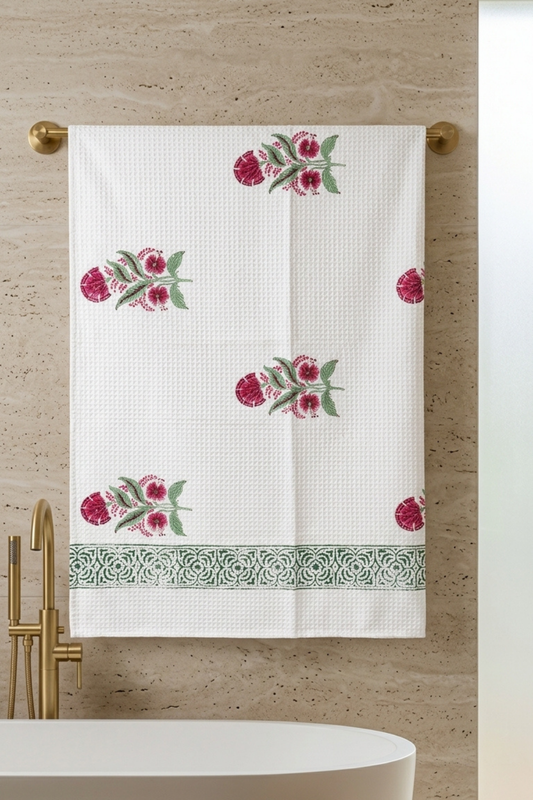Ruby Garden Handblock Printed Waffle Cotton Bath Towel