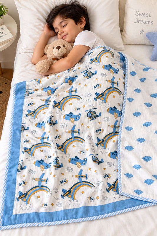 Dreamy Skies Handblock Printed Reversible Mulmul Kids Dohar