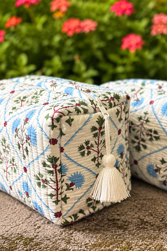 Blue Garden Quilted Cotton Travel Pouches – Set of 3