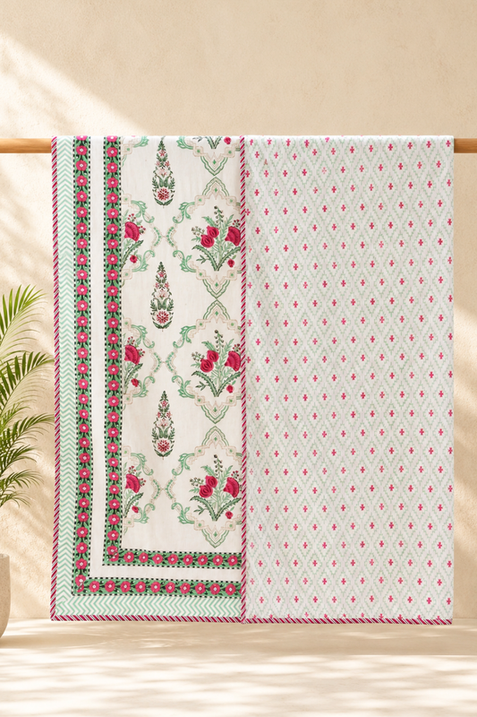 Rose Trellis Handblock Printed Reversible Mulmul Dohar