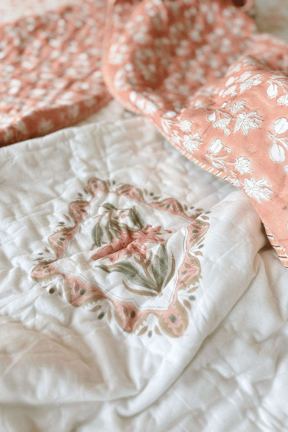 Peach Blossom Handblock Printed Reversible Mulmul Cotton Quilt Single