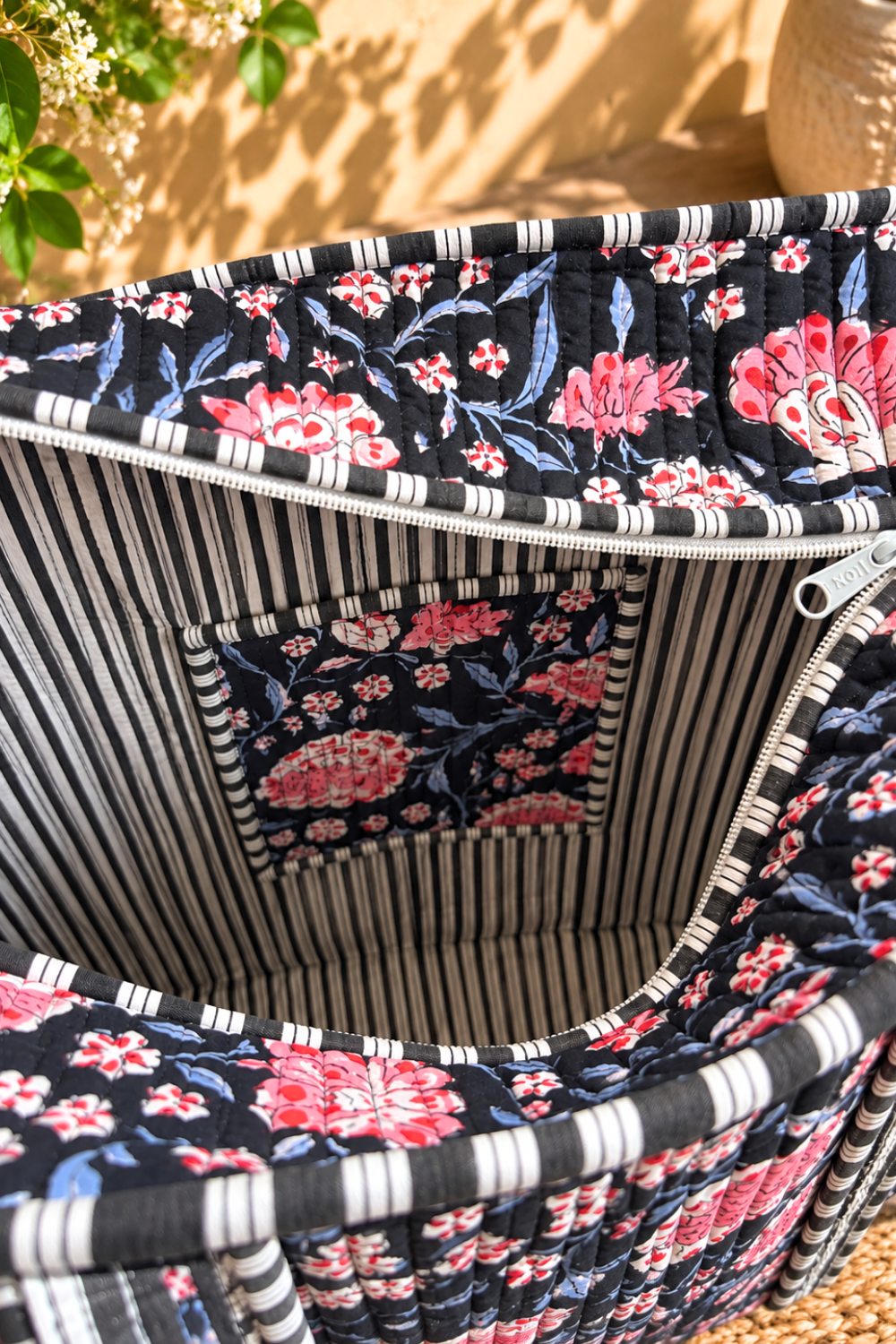 Midnight Bloom Quilted Handblock Printed Cotton Tote Bag