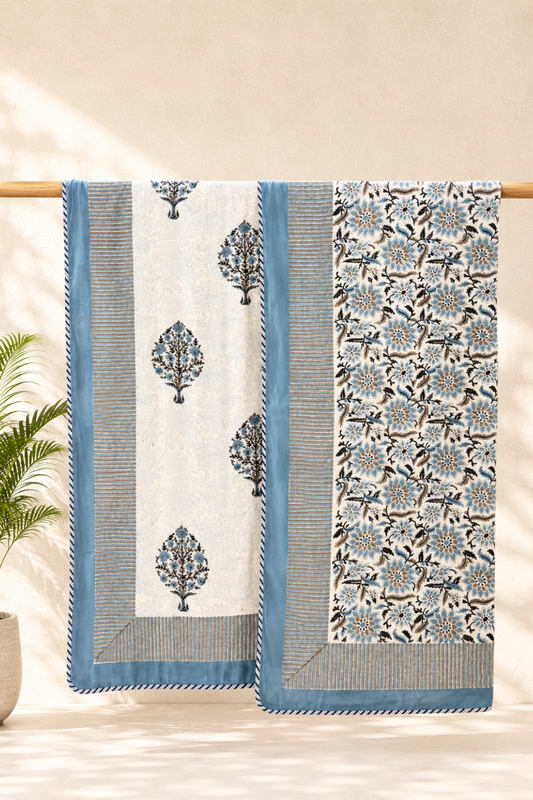 Blue Floral Tree Handblock Printed Reversible Mulmul Dohar