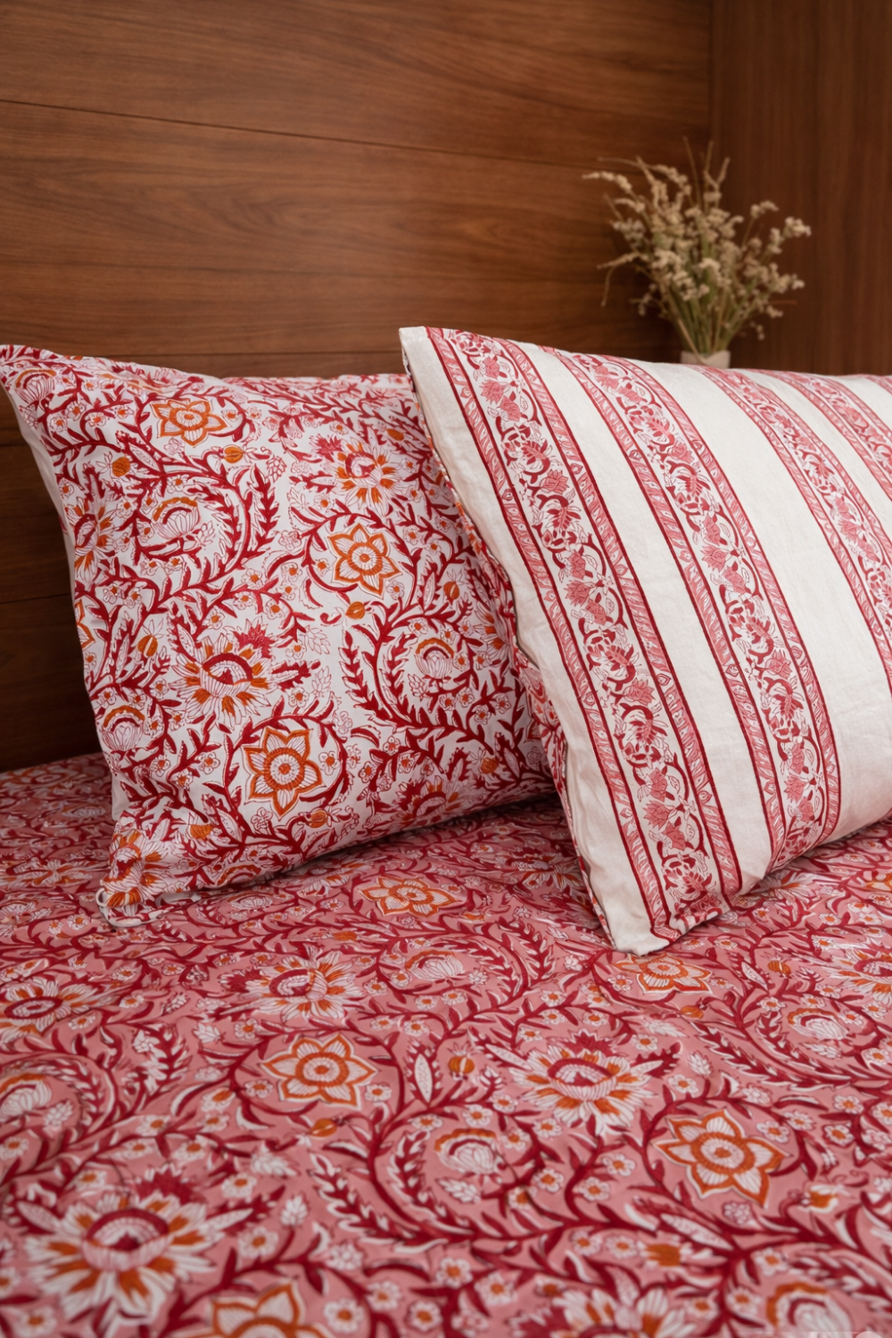 Crimson Botanical Handblock Printed Cotton Bedsheet