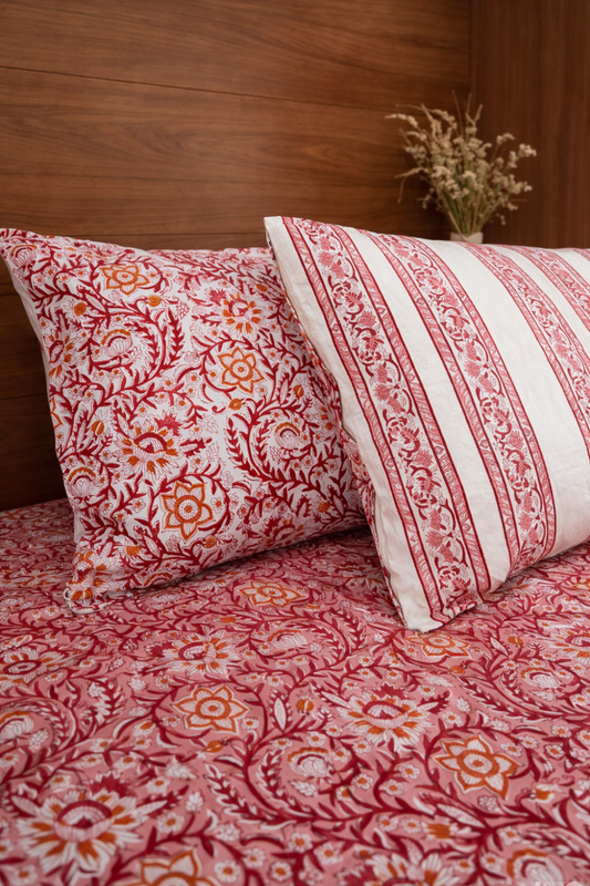 Crimson Botanical Handblock Printed Cotton Bedsheet