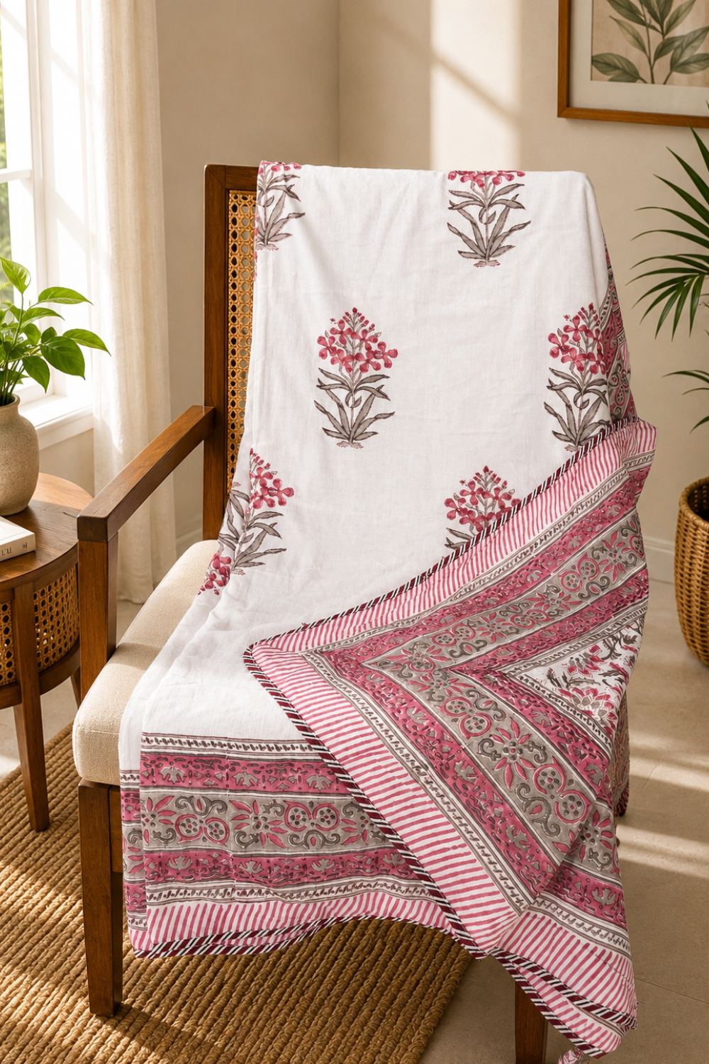Blush Bouquet Handblock Printed Reversible Mulmul Dohar