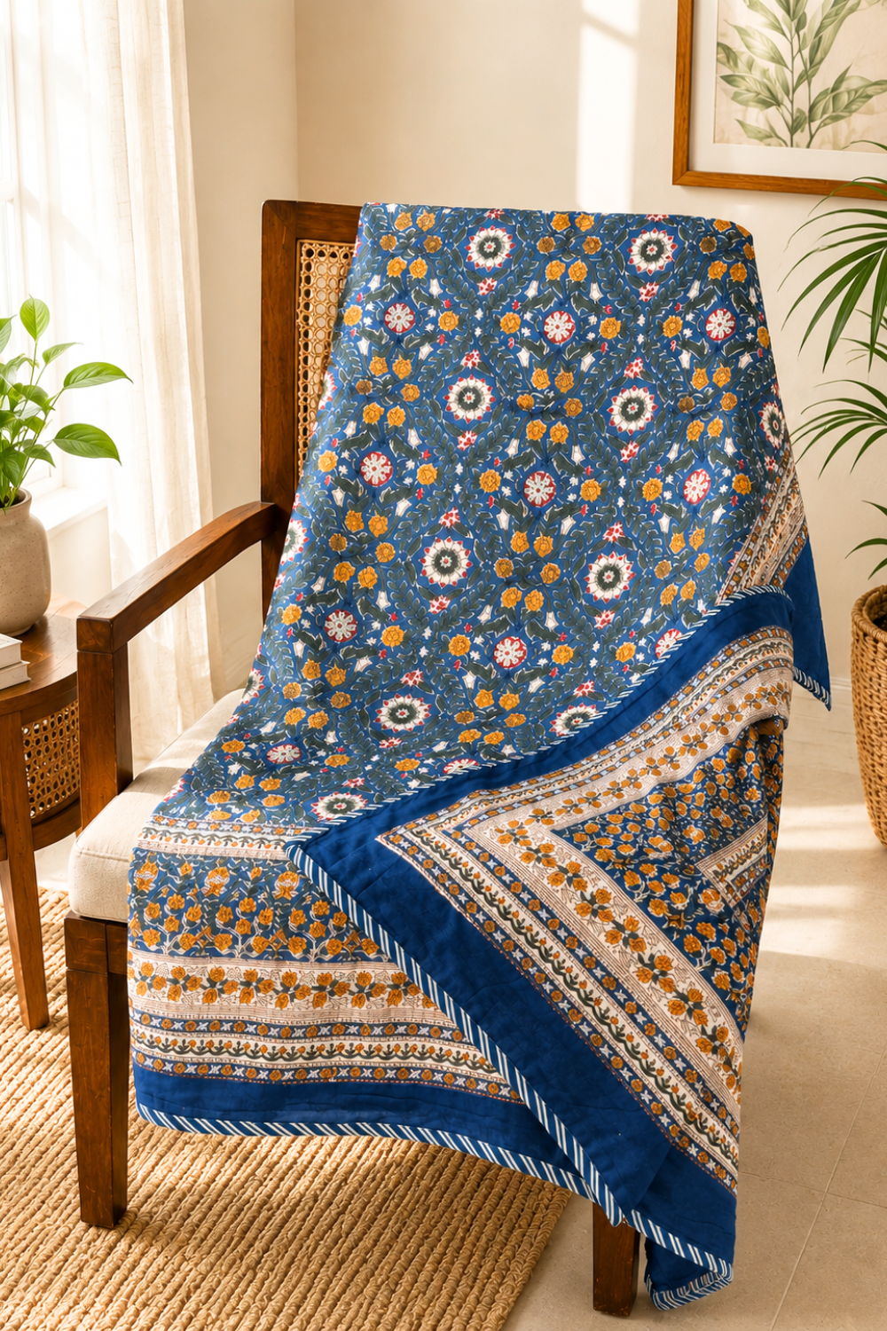 Indigo Heritage Handblock Printed Reversible Mulmul Dohar