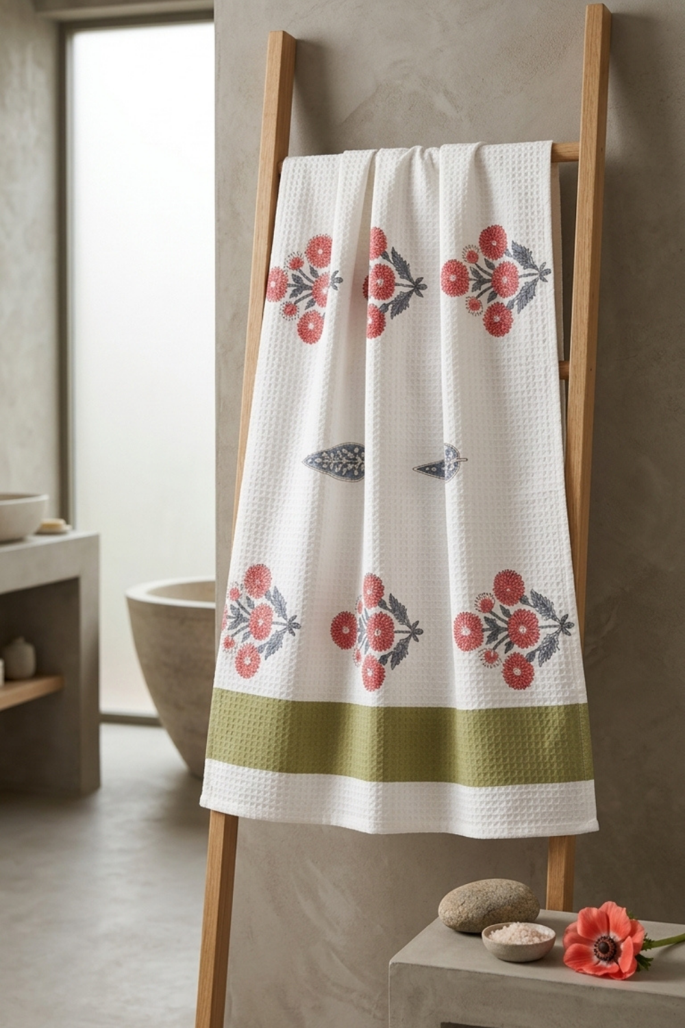 Scarlet Blossom Handblock Printed Waffle Cotton Bath Towel