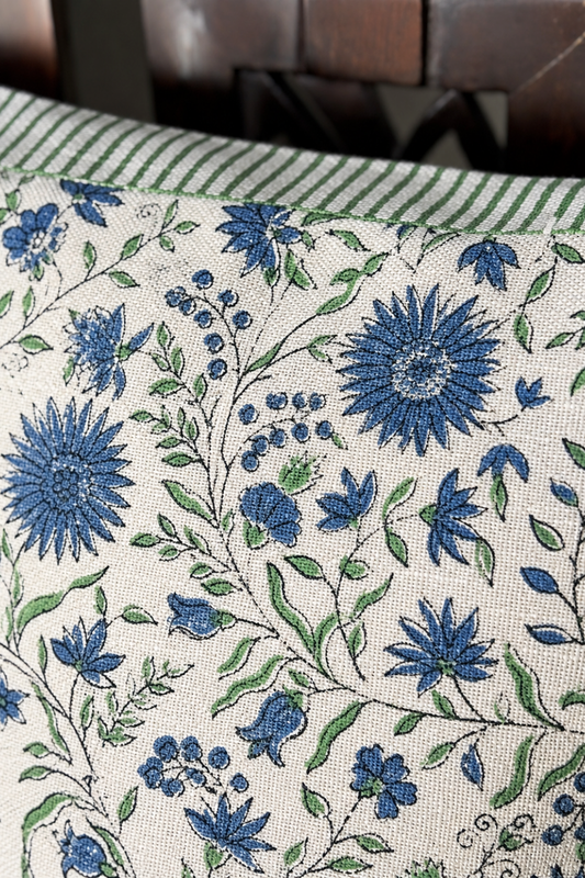 Azure Meadow Hand Block Printed Slub Cotton Cushion Cover- Single piece