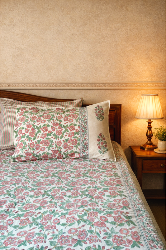 Blush Meadow Handblock Printed Cotton Bedsheet