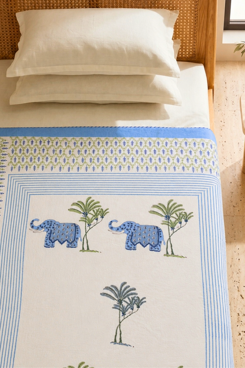 Sky Oasis Handblock Printed Reversible Mulmul Dohar