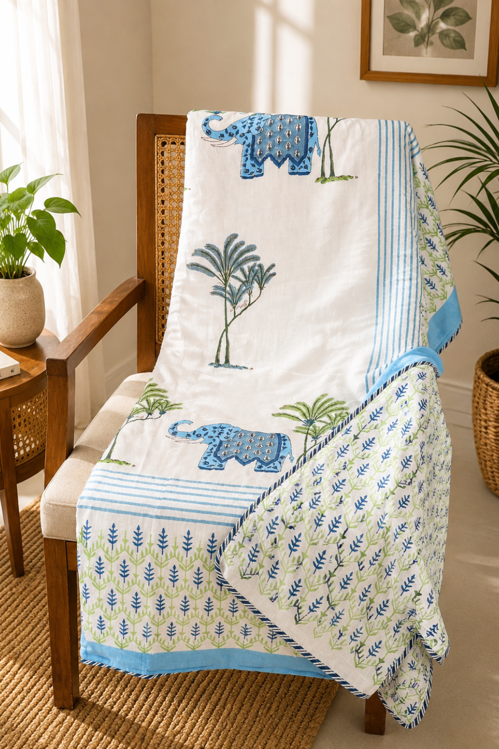 Sky Oasis Handblock Printed Reversible Mulmul Dohar