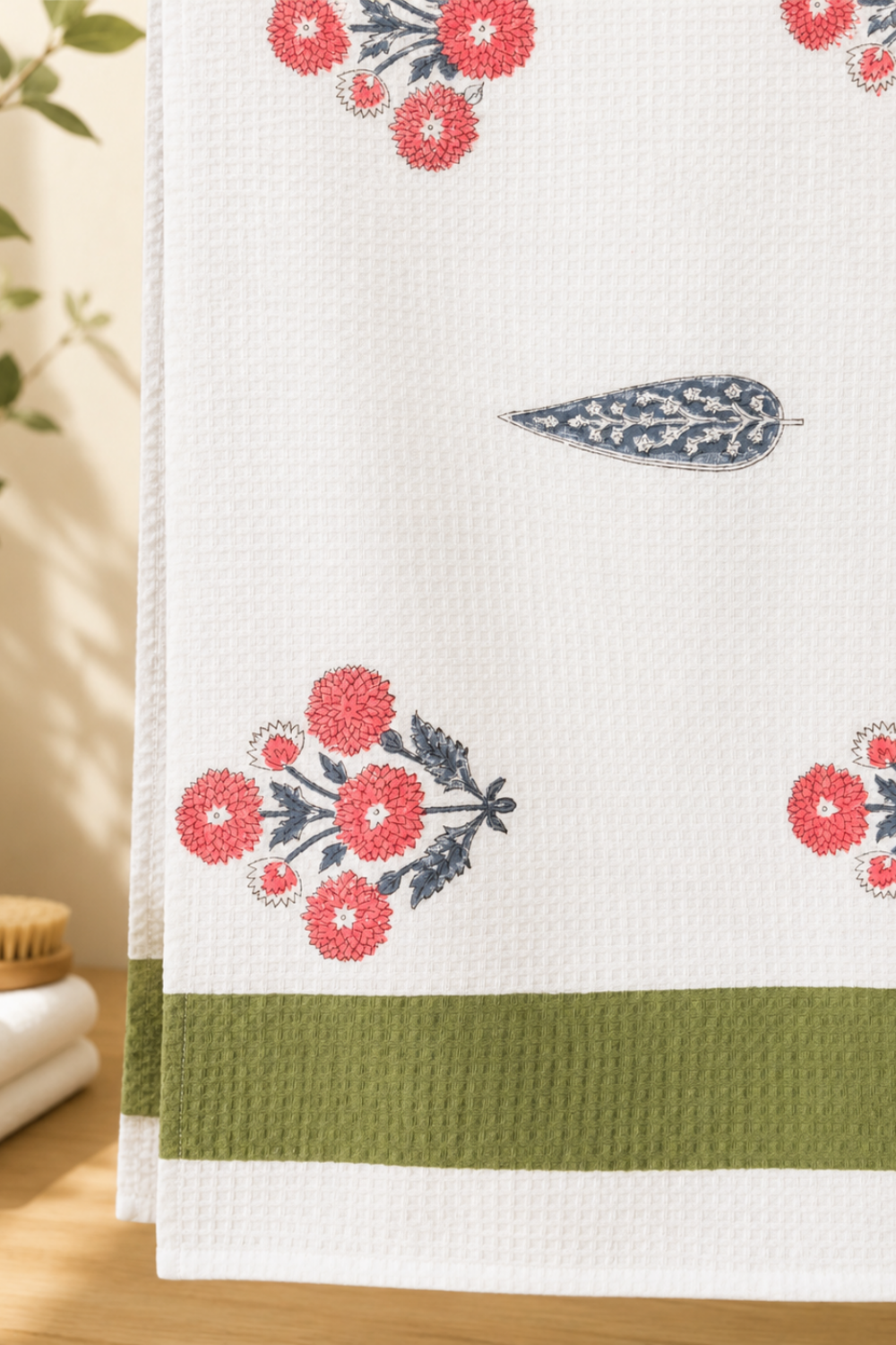 Scarlet Blossom Handblock Printed Waffle Cotton Bath Towel